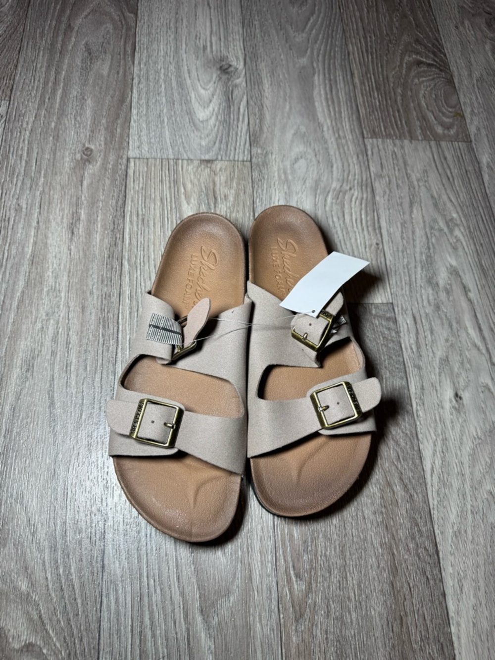 Skechers Double Buckle Slide Sandals in Light Taupe and Tan